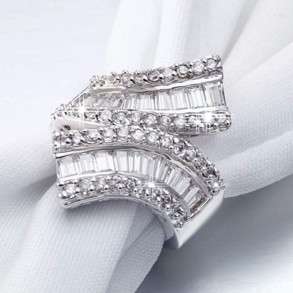 Double Band Baguette Cut Diamonds White Gold Ring Stacked Curved Statement Gift